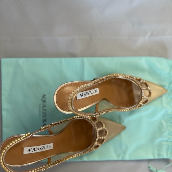New Aquazzura Gold Slingback Heels with Crystal Accents - size 38.5 - Picture 2 of 2
